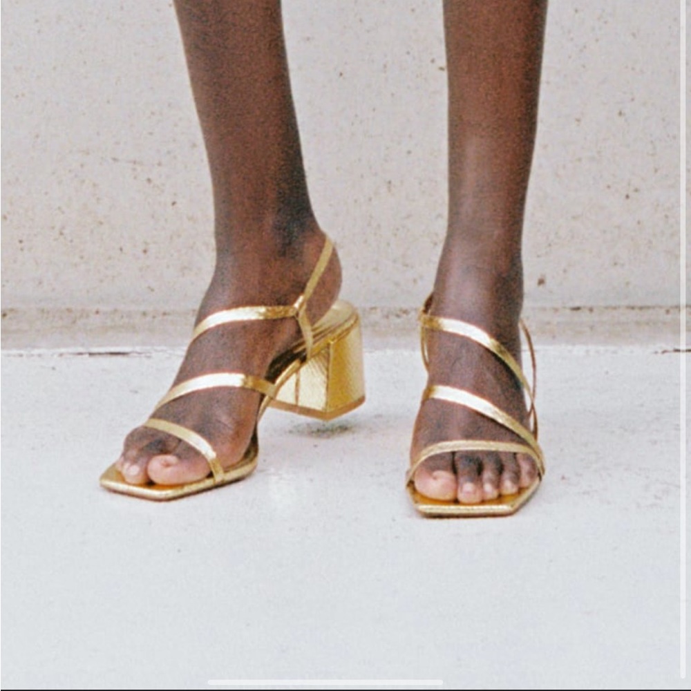 Zara Gold Strappy Sandal Small Block Heels